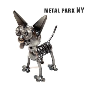 Recycled Metal Chihuahua, Dog Statue - Handmade from Motorcycle Parts, Scrap Metal Art