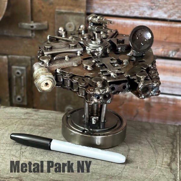 Millennium Falcon Inspired Scrap Metal Sculpture - Handmade Recycled Starship Art, Sci-Fi Decor