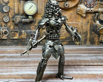 Predator M Sculpture - Handmade Recycled Metal Art, Steampunk Sci-Fi Decor