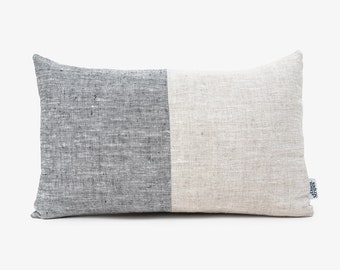 Linen Lumbar Pillow Covers 12x20 Cushion Cover, Mid Century Modern Pillow Cases 14x36 Pillow Sham, Colour block cushions in Grey and Beige