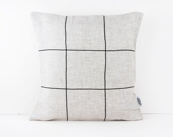 Solid Linen Pillow Cover with Black Check Pattern, Linen Cushion Cover 16x16 Pillow Cases, Flax Linen Throw Pillows Aesthetic Room Decor