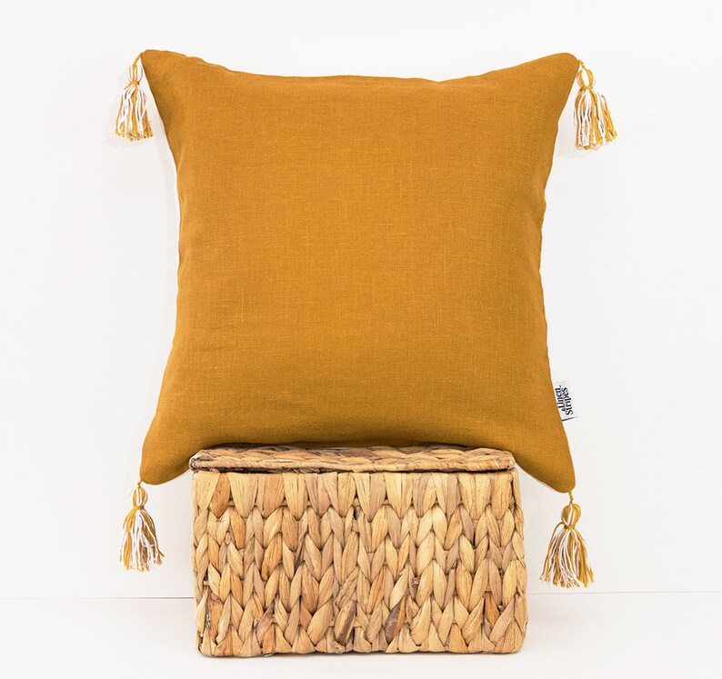 Tassel pillow cover in Mustard linen. Boho cushion cover. Etsy