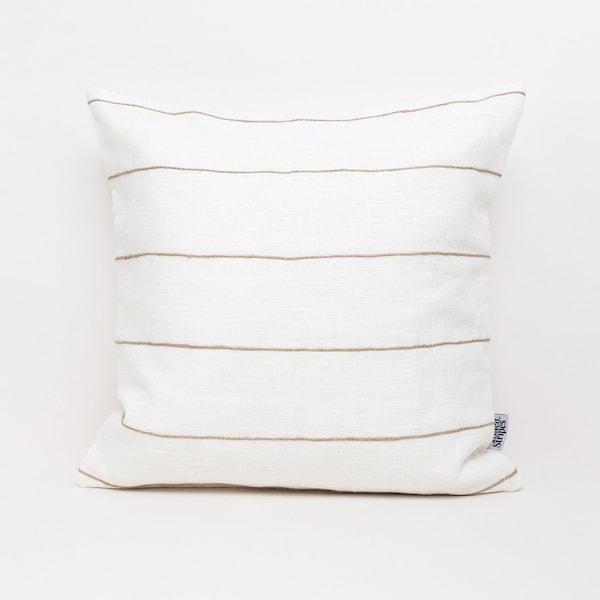 Housses d’oreiller en lin blanc avec rayures en jute naturel, taies d’oreiller Boho Throw Housse d’oreiller en lin Euro Sham, housse d’oreiller Boho 26x26 Oreiller