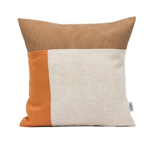 Handmade Faux Leather Pillow Cover with Burnt Orange Linen, Decorative Throw Pillow Cases 20x20, Geometric Cushion Cover 16x16, Euro Sham