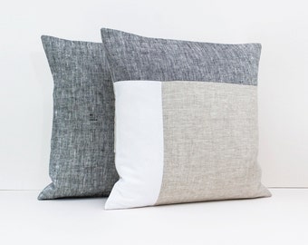 Linen Color Block Pillow Cover Set in Dark Gray, Beige and White - Geometric Cushion - Linen throw pillow  - Eco friendly linen