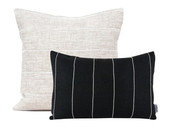 Zestaw 2 poszewek na poduszki Classic Linen and Stripes Pillows, Neutralne poszewki na poduszki Combo na sofę, Zestaw poduszek w paski, Beżowo-czarne poduszki