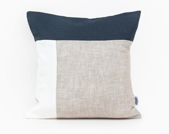 Geometric Cushions Covers Navy Linen Color Block Pillow Cover, Navy and Beige Throw Pillow Case 20x20 Luxury Cushion Nautical Nursery Decor