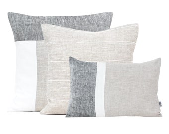 Modern Cushion Cover Set of 3 Linen Pillow Covers, Handmade Pillow Cases, Color Block Pillow Set, Linen Stripe Cushion 50x50, Scandi Cushion