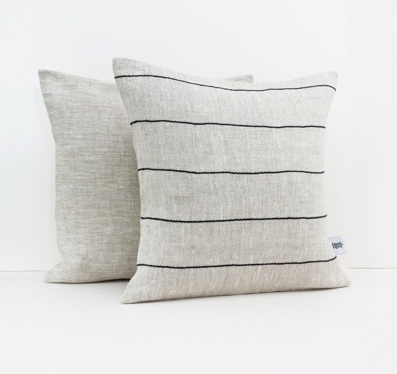 Natural Linen Pillow Cover Black Striped Pillow Case Square Etsy