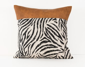 Zebra Pillow Cover with Faux Leather, Zebra Print Cushion Cover 20x20, Animal Print Pillow Case for Safari Nursery, African Throw Pillow UK