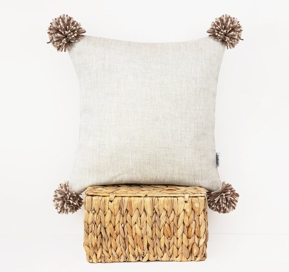 Natural linen pillow cover with Brown Pom Pom Pillow Ivory | Throw pillows