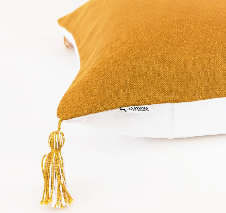 Tassel pillow cover in Mustard linen. Boho cushion cover. Etsy