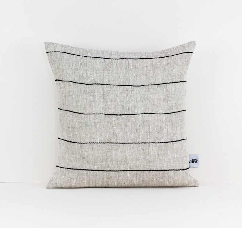 Natural Linen Pillow Cover Black Striped Pillow Case Square Etsy