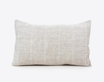 Linen Lumbar Pillow Cover 12x20 White Stripes, Long Lumbar Cushion Cover 14x36, Handmade Linen and Stripes Pillow Case, Scandinavian Cushion