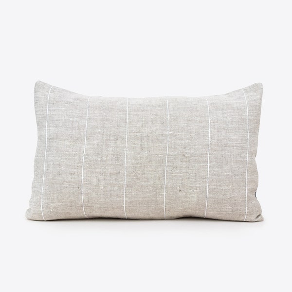 Linen Lumbar Pillow Cover 12x20 White Stripes, Long Lumbar Cushion Cover 14x36, Handmade Linen and Stripes Pillow Case, Scandinavian Cushion