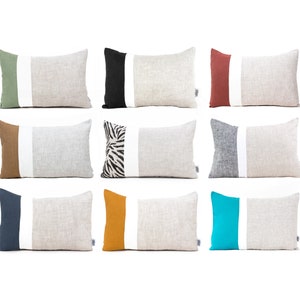Op de afbeelding: Tien decoratieve kussens met een hoes van linnen stof. Elk kussen heeft een witte streep in het midden en een gekleurde streep aan één kant. De kleuren omvatten groen, zwart, rood, bruin, zebraprint, grijs, donkerblauw, geel en turquoise.