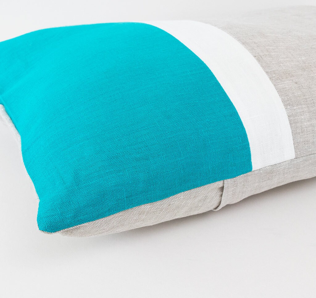 Color block pillow cover in Turquoise/White/Beige. Lumbar Etsy