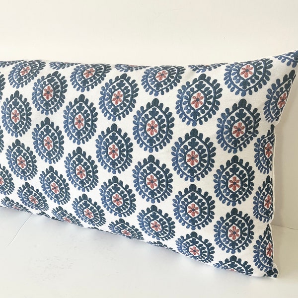 14x36 Long Lumbar Pillow Cover, Decorative Coastal Cushion Cover, Long Bolster Pillow Cases Blue and Red, Handblock Pillow, King Pillows UK