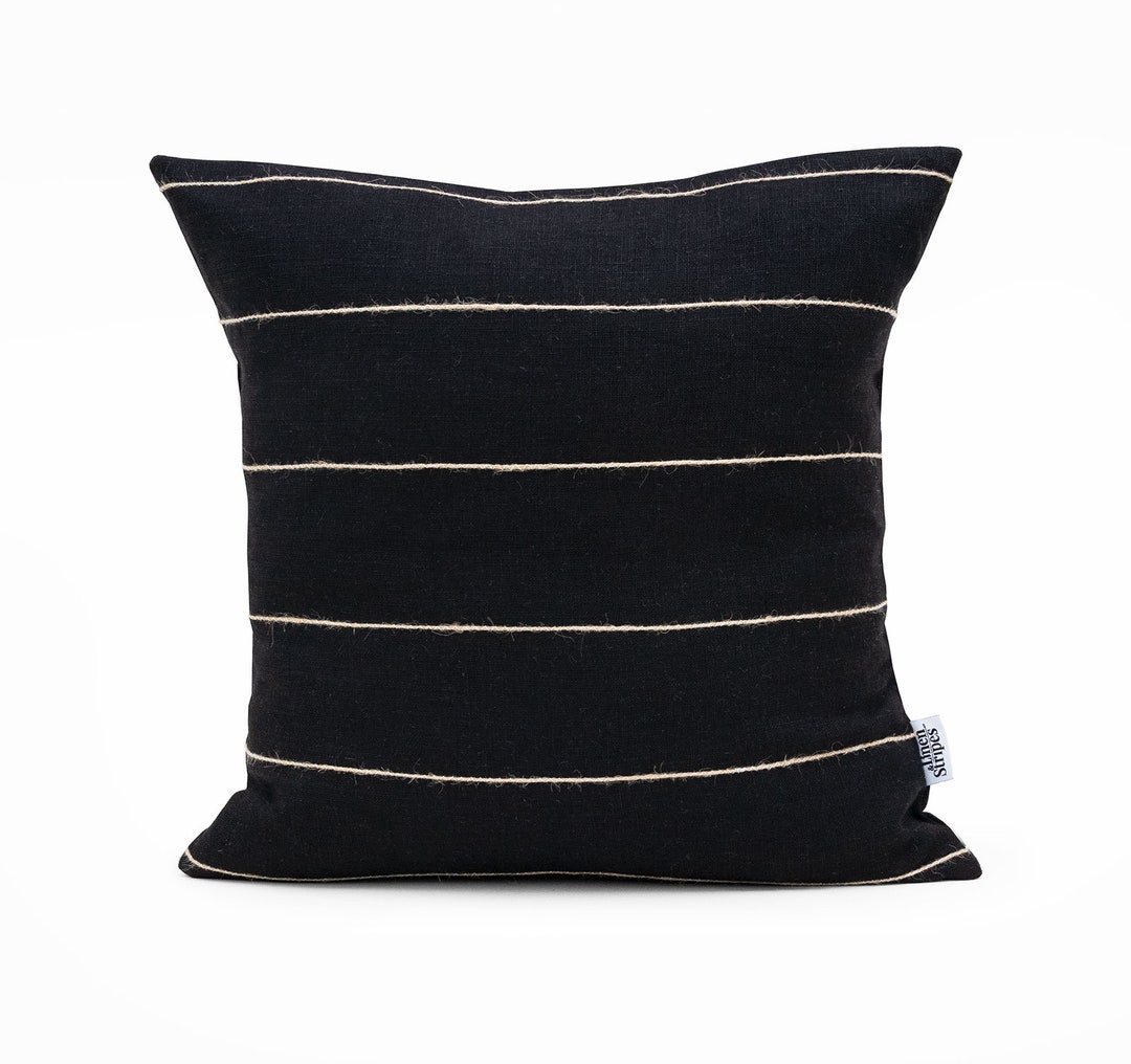 Black Linen Cushion Cover With Jute Stripes, Nordic Pillow Cover 20x20 for Scandinavian Decor