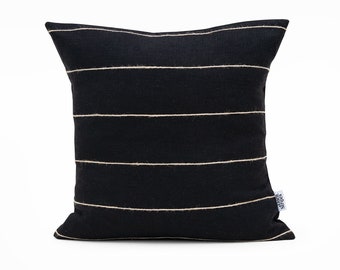 Black Linen Cushion Cover with Jute Stripes, Nordic Pillow Cover 20x20 for  Scandinavian Decor, Handmade Throw Pillow Cases 18x18, Euro Shams