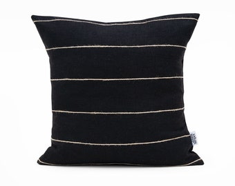 Black Linen Cushion Cover with Jute Stripes, Nordic Pillow Cover 20x20 for Scandinavian Decor, Handmade Throw Pillow Cases 18x18, Euro Shams