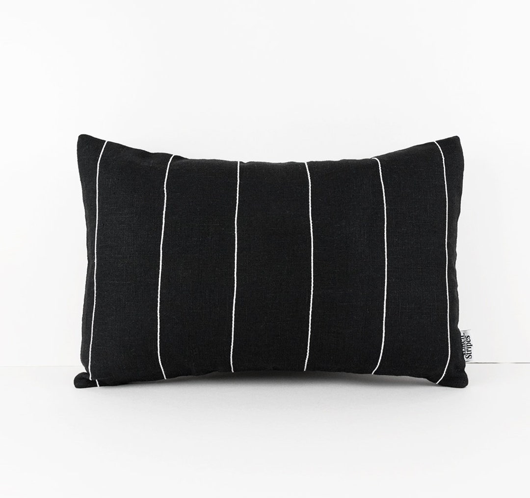 Black Linen Cushion Cover With White Stripes, Lumbar Pillow Covers Black and White Throw Pillow
