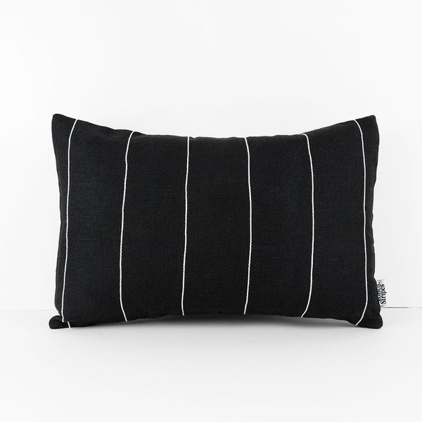 Black Linen Cushion Cover with White Stripes, Lumbar Pillow Covers Black and White Throw Pillow Cases, Rectangle Pillow Cover 24x16 Pillows