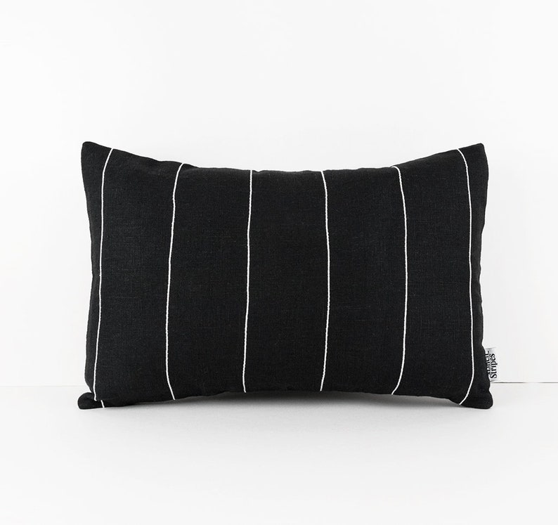 Black Lumbar Pillow Cover. Modern Black White Stripe Linen Etsy