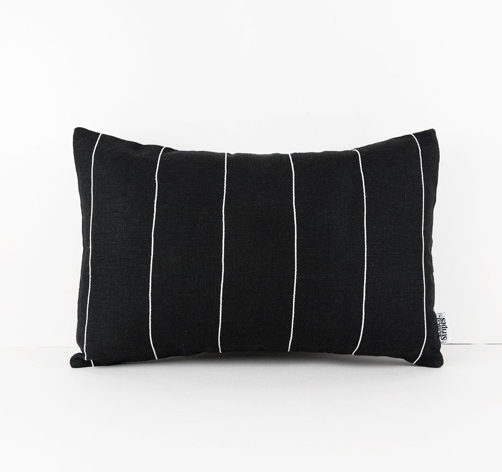 Black Lumbar Pillow Cover. Modern Black White Stripe Linen Etsy UK