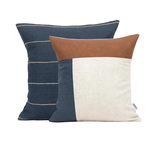 Navy and Faux Leather Pillow Set, Scandi Cushion Set of 2 Linen Pillow Covers, Color Block Pillow Cases, Coastal Pillow for Couch, Euro sham