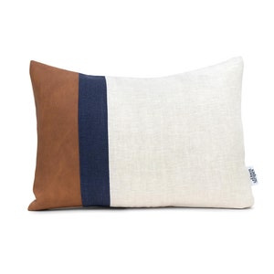 Leather Lumbar Pillow Cover 14x36 Pillowcase, Faux Leather Pillow Covers with Navy Linen, Handmade Cushion Cover, Boho Throw Pillow Cases