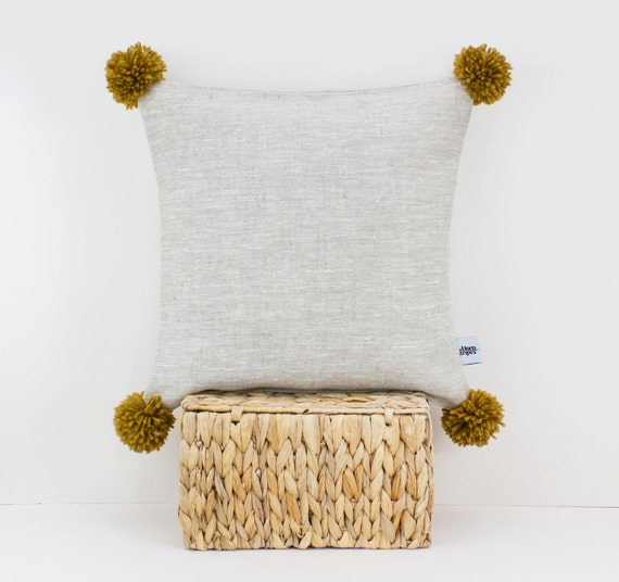 Beige linen cushion cover with Mustard pom poms Pom pom Etsy