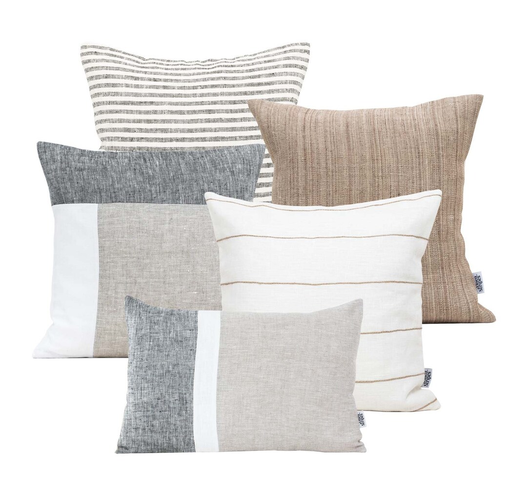 Sofa Cushion Set of 5 Neutral Linen Pillow Cases, Classic Farmhouse