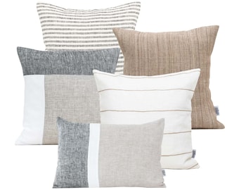 Sofa Cushion Set of 5 Neutral Linen Pillow Cases, Classic Farmhouse Throw Pillows, Grey and White Pillow Covers, Scandinavian Pillowcase Set