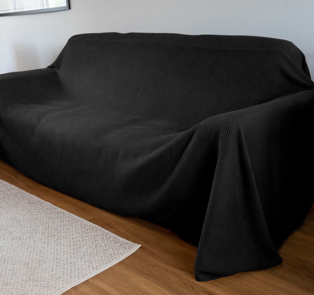Black Waffle Weave Sofa Cover Custom Made to Order, Black Couch Cover
