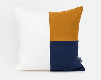 Decorative Pillow Covers Mid Century Modern Cushion Covers, 60x60 Cushion Cover Linen Pillow Case Color Block Pillow Cover Navy Mustard sham