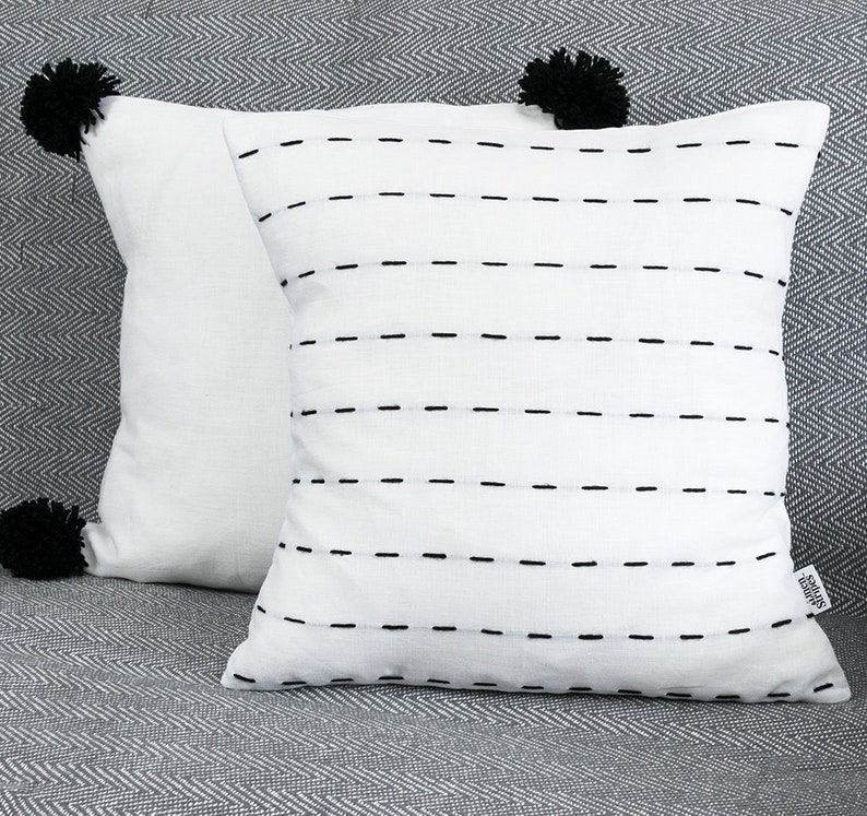 Modern Black and White Linen Pillow Cover With Hand Stitched Etsy