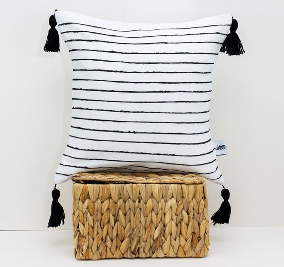 White Linen Throw Pillow With Black Stripes Pom Pom Pillow Etsy