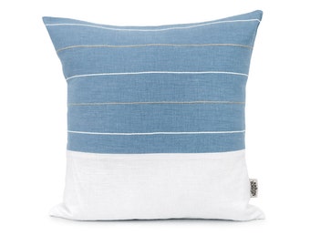 Blue and Off White Linen Pillow Cover with Stripes, Modern Beach House Pillowcase Striped Throw Pillow, Stonewashed Linen Cushions Handmade