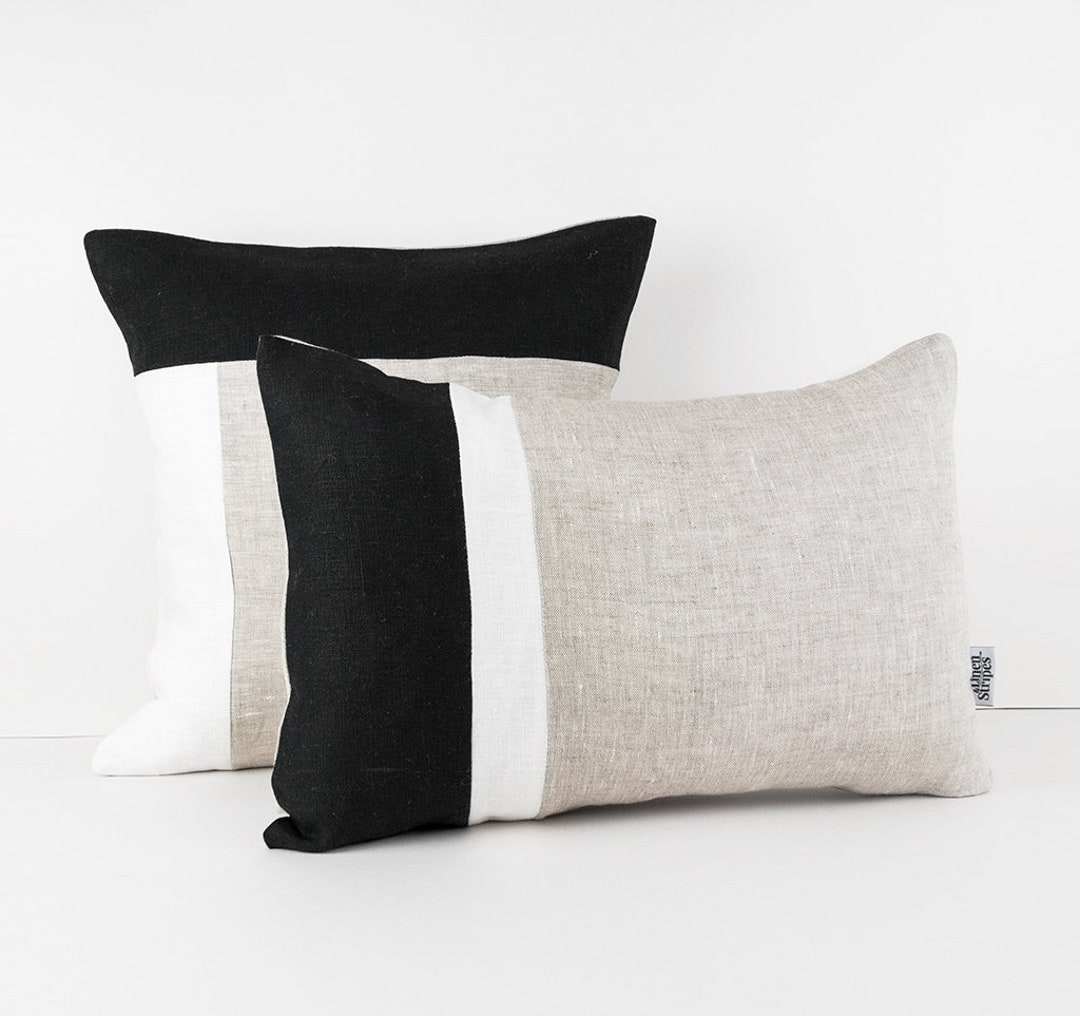 Black Lumbar Pillow Cover Handmade, Geometric Cushion Cover Black and