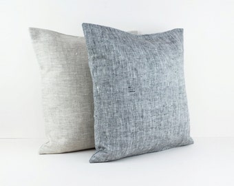 Linen Farmhouse Pillow Covers Gray and Beige, Set of 2 Euro Sham Covers 24x24 cushion cover, Pure linen throw pillow case linen pillowcase