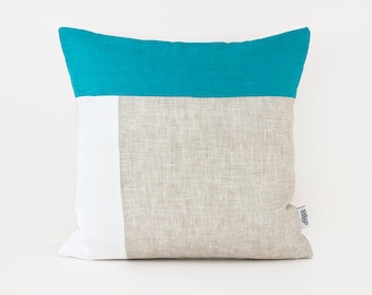 Color block pillow in Turquoise/White/Beige linen. Modern pillow. Linen cushion cover. Decorative pillow. Organic linen bedding.Throw pillow