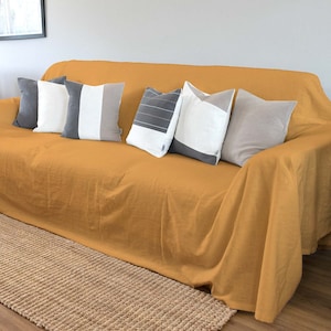 Mustard Linen Sofa Cover Washable, Handmade Linen Couch Cover for 3 Seat, Custom Sofa Throw for Sectional, Couch Slipcover for Large Sofa UK