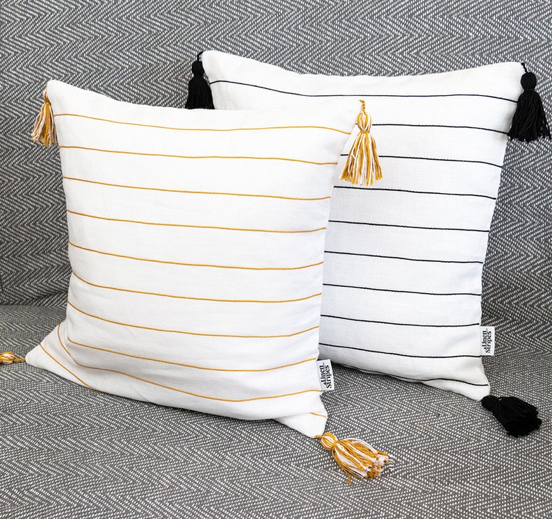 Black and White Stripe Linen Pillow Cover With Black Tassels. Etsy