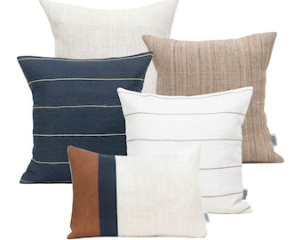 Leinen Kissenbezug 5er Set für Schnittsofa, moderne Kissenbezüge Combo, Blauer und neutraler Kissenbezug für Couch, Navy Kissen Combo