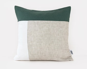 Green Throw Pillow Covers Color Block Pillow Cover Dark Green White Beige, Couch Cushion Cover Modern Pillow Cases Linen, 70's Pillow Cover