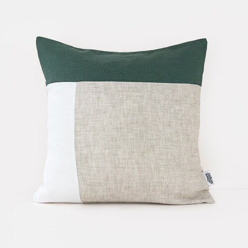 Color Block Pillow Covers Dark Green Linen Cushion Cover Uk Etsy