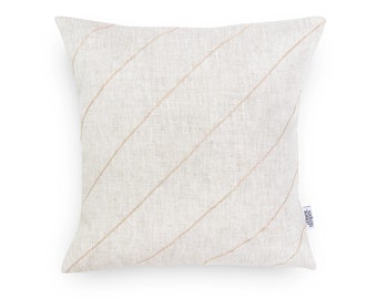 Natural Linen Pillow Cover with Diagonal Jute Stripes, Handmade Linen Cushion Cover 50x50 Pillow Case, Linen Pillow for Aesthetic Room Decor