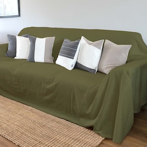 Dark Olive Green Sofa Cover Linen, Linen Couch Cover Handmade to Order, Large Sofa Topper Washable, Custom Sofa Cover 3 Seater, Slipcover UK
