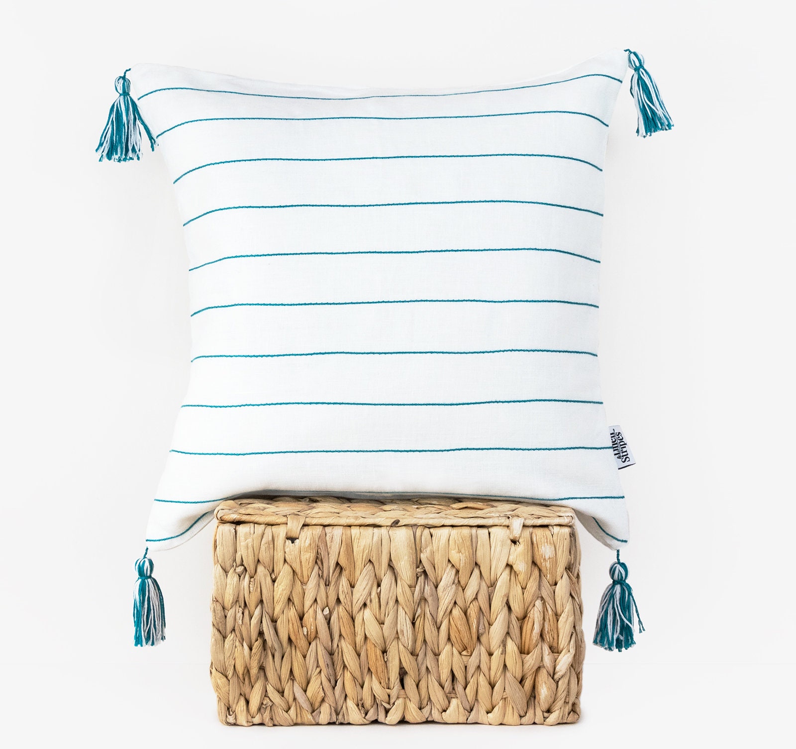 Taie d'oreiller en Lin Blanc avec Tassels Pillow Cases Pom Pom, Beach House Cover Nautical Cushions 